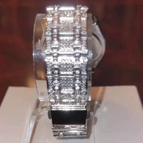 Men's Iced Simulated Diamond CZ Silverplated Alloy Arabic Numeral Quartz Watch - Picture 4 of 16